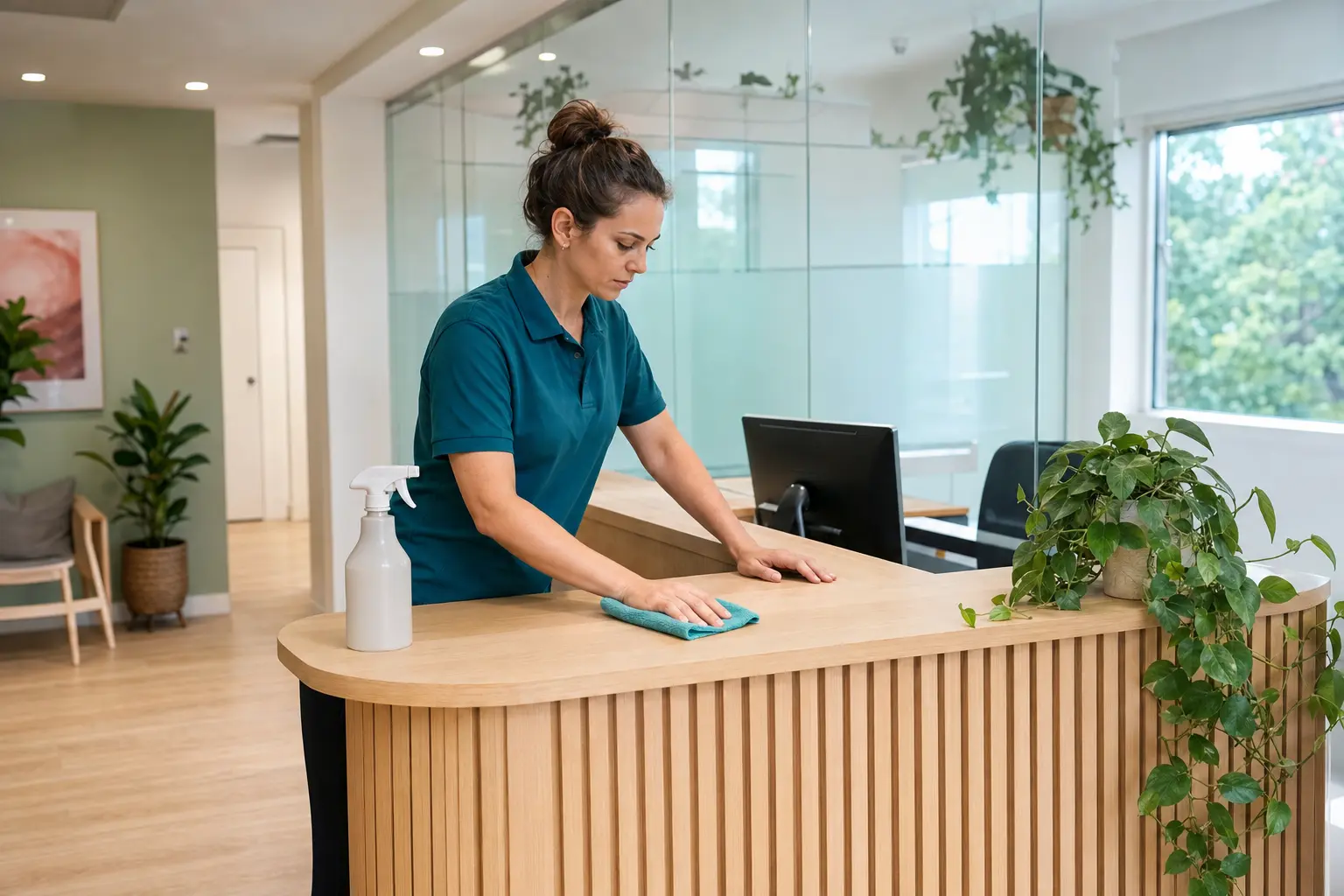 Professional cleaner wiping a modern reception counter